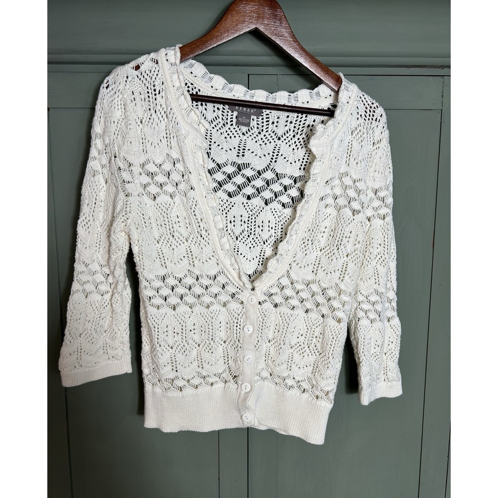 Kenar Womens Open Knit Crochet Sweater Size M Ivory Cottagecore Boho Sustainable